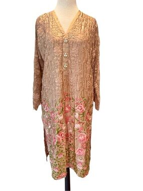 Agha Noor Champaign Beige Floral Embroidered Tunic Kurta Size Medium